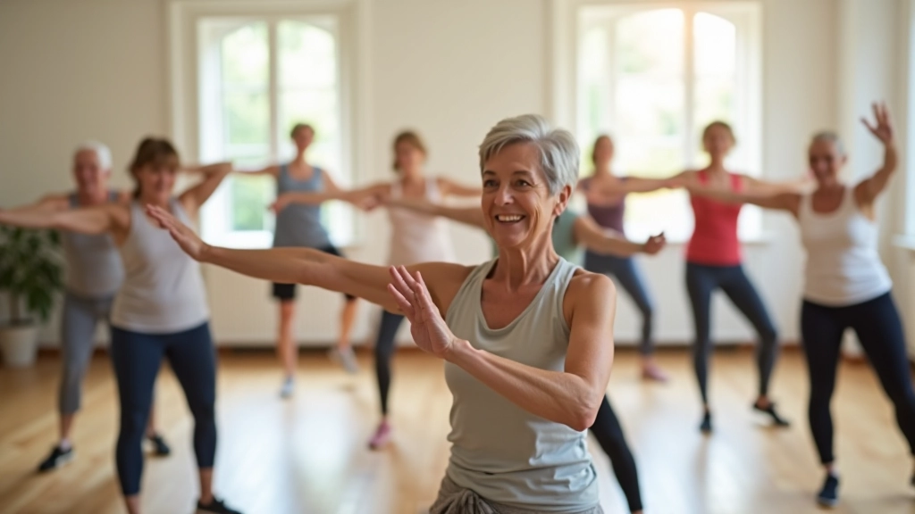 Group of adults in a gentle exercise class performing stretches together