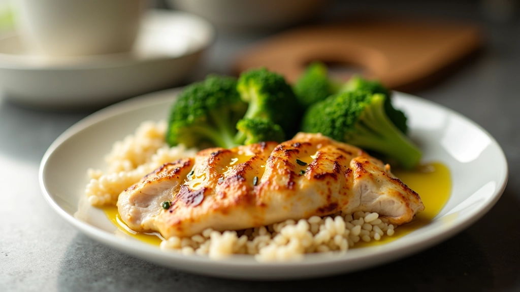Colorful plate with balanced portions of lean protein, whole grains, vegetables, and healthy fats arranged thoughtfully
