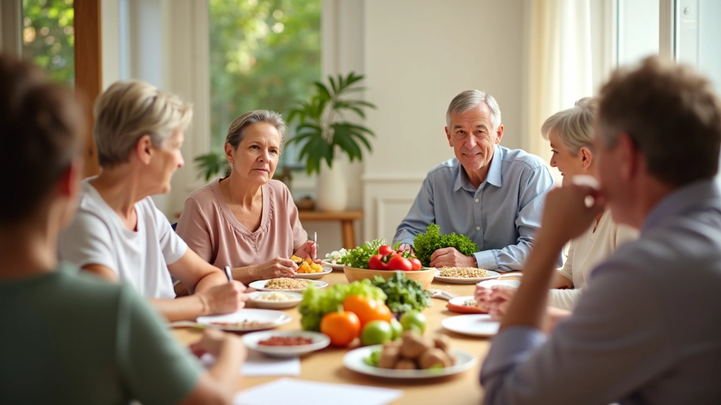 Group of people gathered around a table with fresh vegetables and nutrition materials