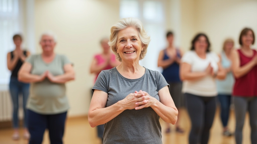 Group of diverse adults in a fitness class smiling