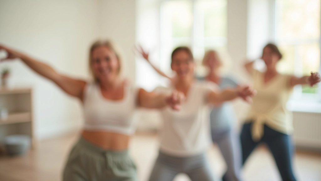Wellness class with adults exercising together in bright studio