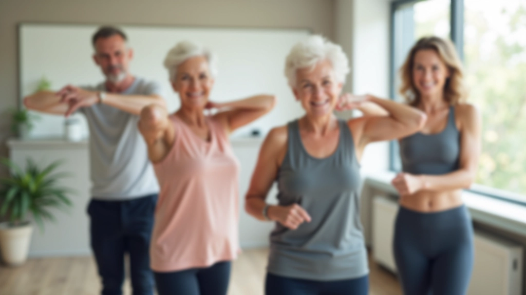 Diverse group of seniors aged 50-65 in a bright fitness studio, smiling and stretching together before class