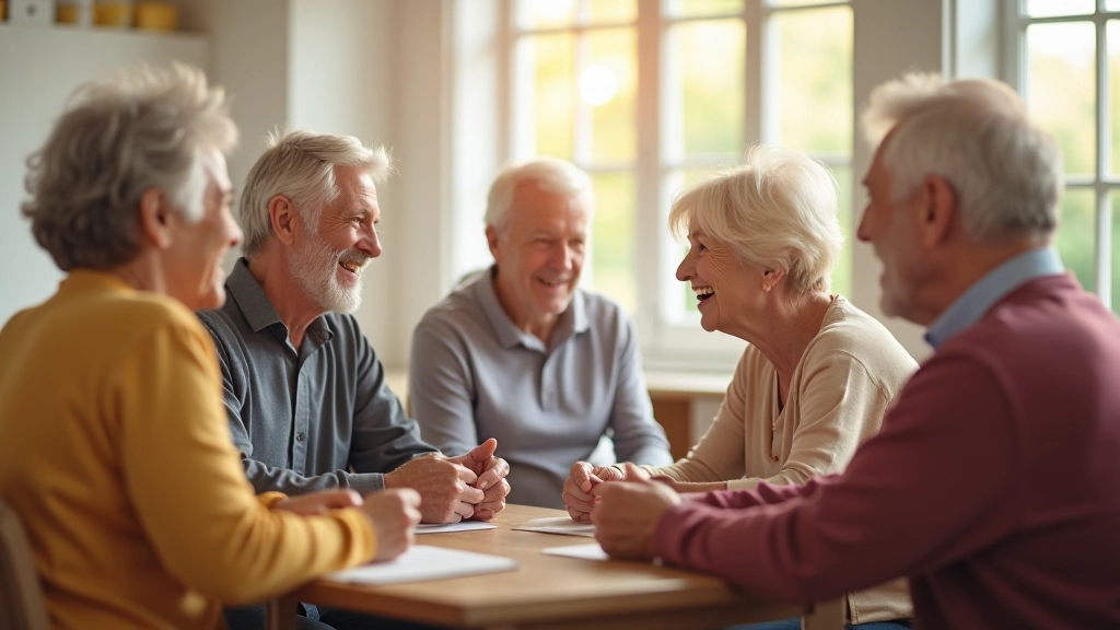 Diverse seniors enjoying social wellness group activities and conversation
