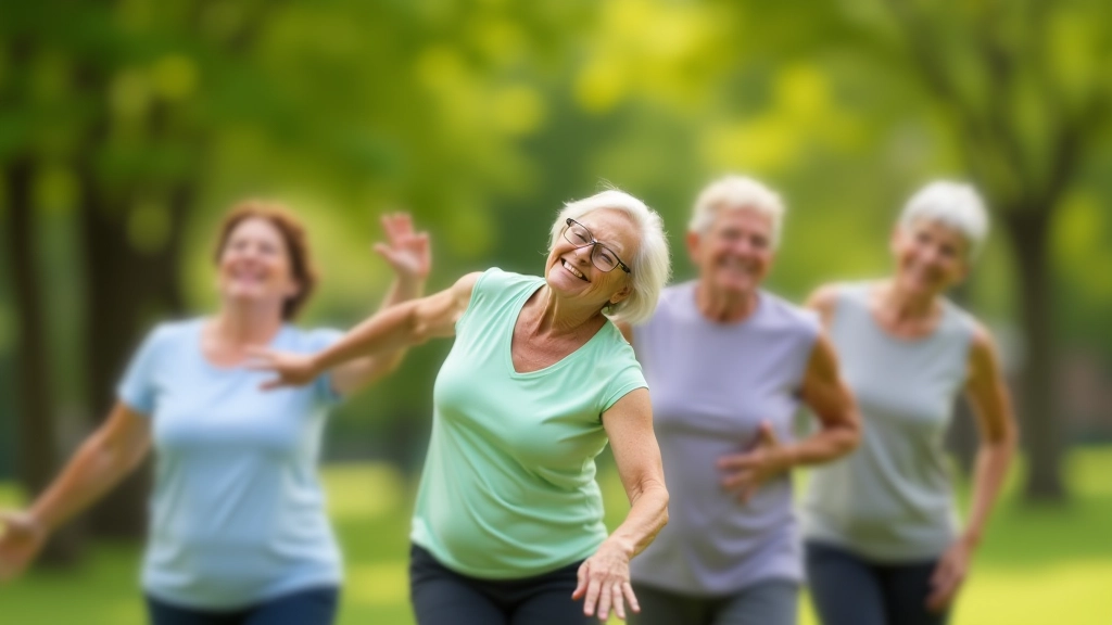 Group of active seniors doing gentle stretching exercises outdoors in a park