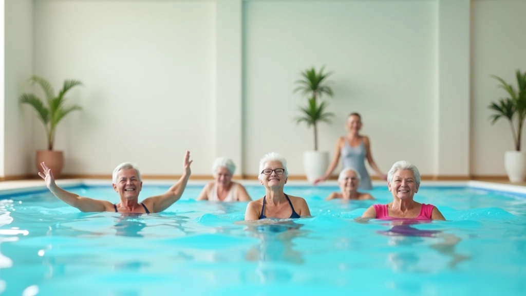 Group of seniors participating in a gentle water aerobics class in a pool