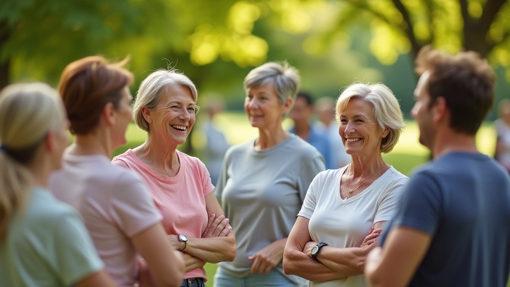Group of smiling adults socializing outdoors at a wellness meetup