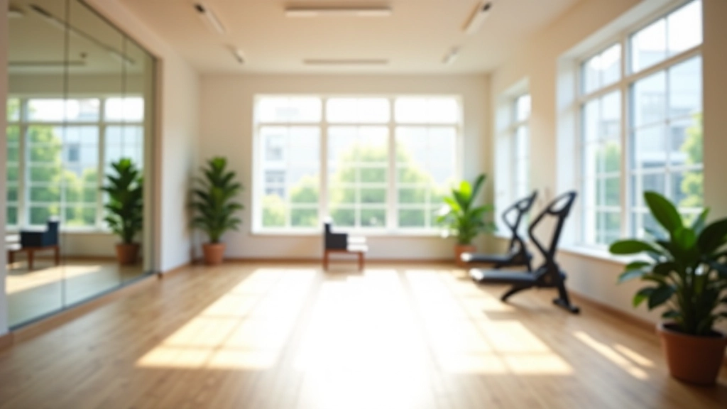 Modern fitness studio interior with wooden floors, large windows, mirrors, and exercise equipment visible in background