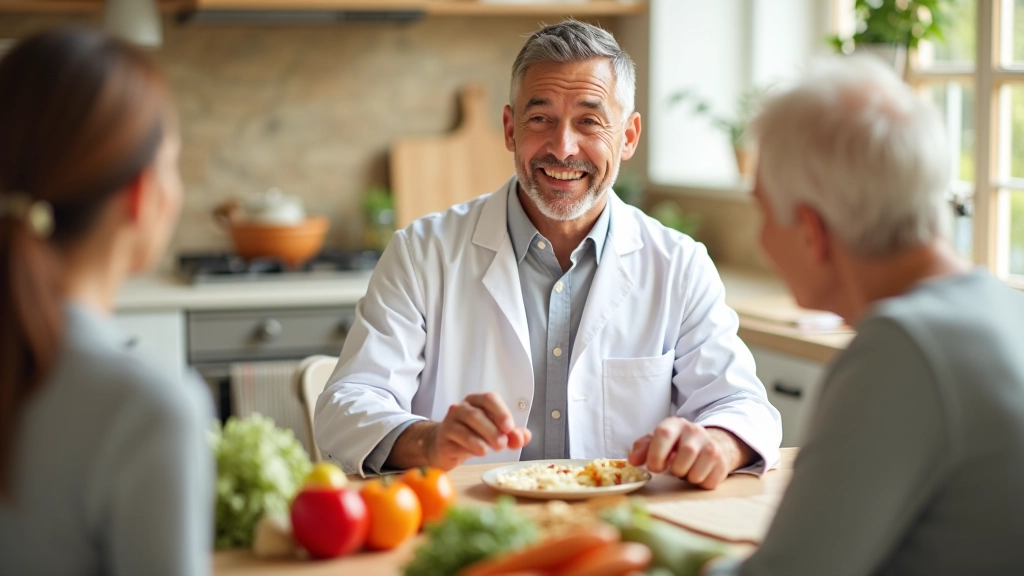 Nutritionist discussing healthy meal planning with senior clients around a kitchen table