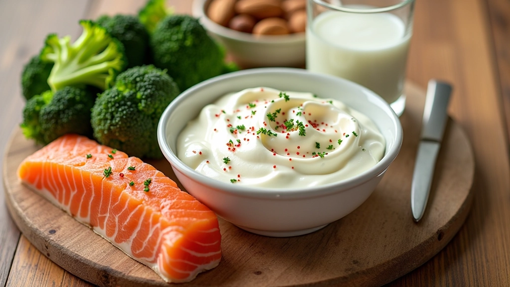 Overhead shot of calcium-rich foods including yogurt, salmon, broccoli, almonds, and fortified milk arranged on a wooden surface