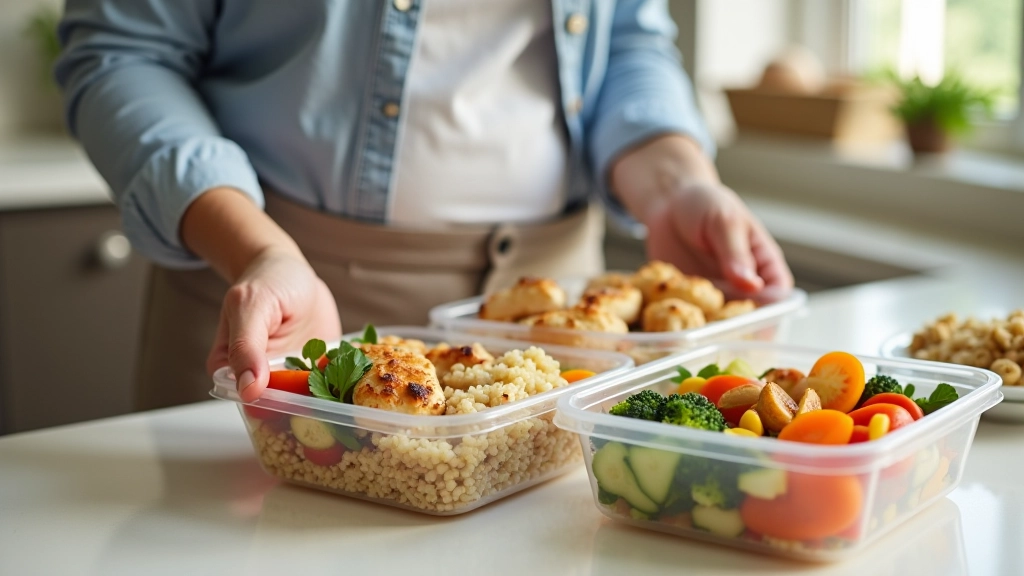Person meal prepping containers with grilled vegetables, lean protein, and brown rice in a clean kitchen workspace