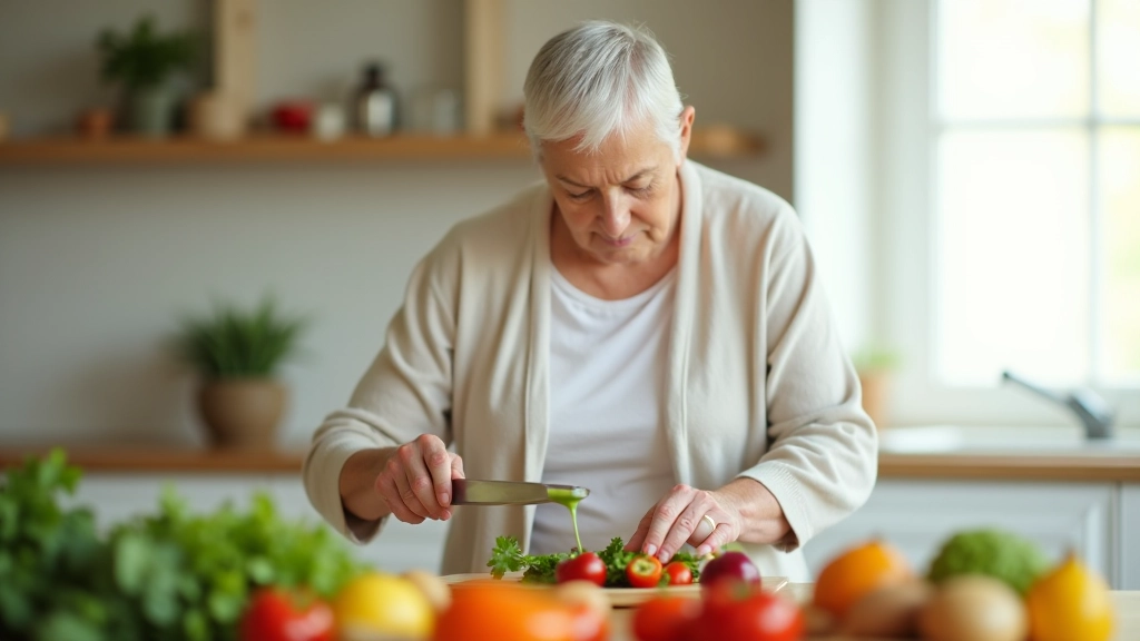 Senior woman preparing fresh vegetables and whole grains in a bright, modern kitchen with natural lighting