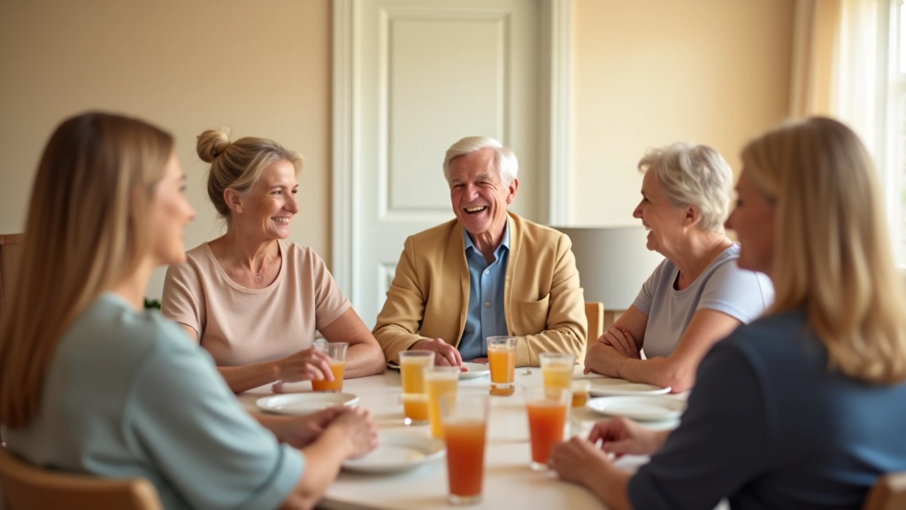 Senior adults gathered indoors with refreshments, enjoying conversation and laughter in a welcoming group setting