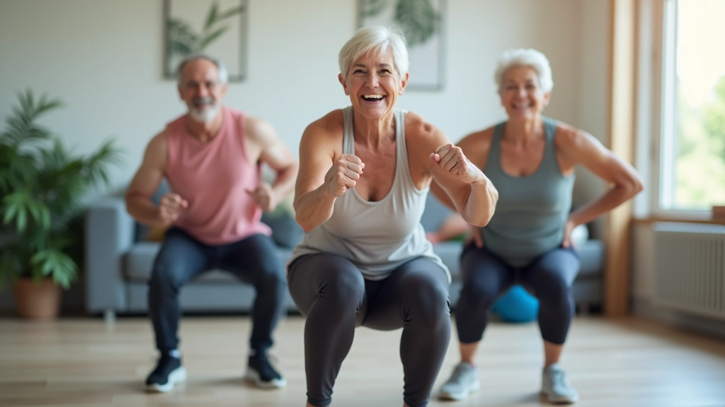Group of four seniors performing controlled squats and strength exercises during a balance workshop class