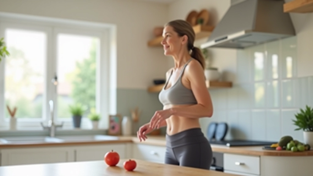 Mature adult performing balance exercises at home using a kitchen counter for support
